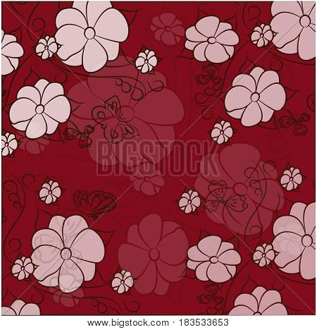 simple flowers with butterflies on a dark red background