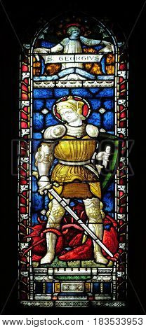 ROME, ITALY - SEPTEMBER 02: Saint George on the stained glass of All Saints' Anglican Church, Rome, Italy on September 02, 2016.