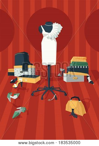 Vertical vector illustration with interior of woman wardrobe with dress on mannequin drawn in geometric style graphic. Stylish fashion room with mess of shoes boxes bijouterie and clothing on red.