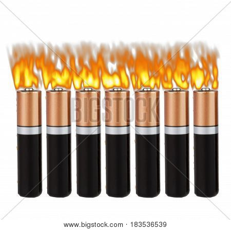 Fire on different batteries, on a white background, isolated