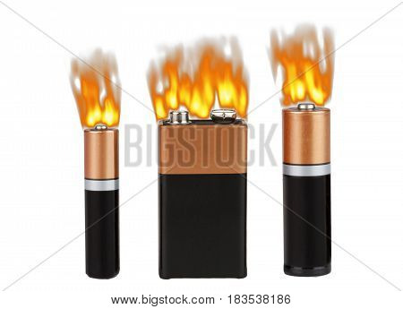 Fire on different batteries, on a white background, isolated