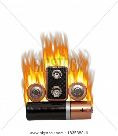 Fire on different batteries, on a white background, isolated