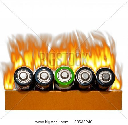 Fire on different batteries, on a white background, isolated