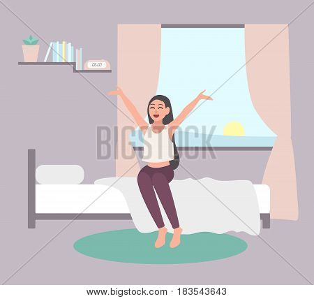 Wake up early concept. Happy girl get out of bed in morning. Flat illustration on white background.