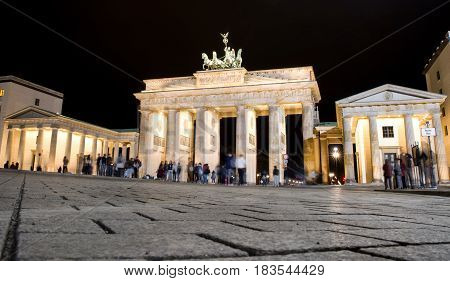 BERLIN GERMANY - APRIL 6: Brandenburg gate at night in Berlin on April 6 2017 in Berlin