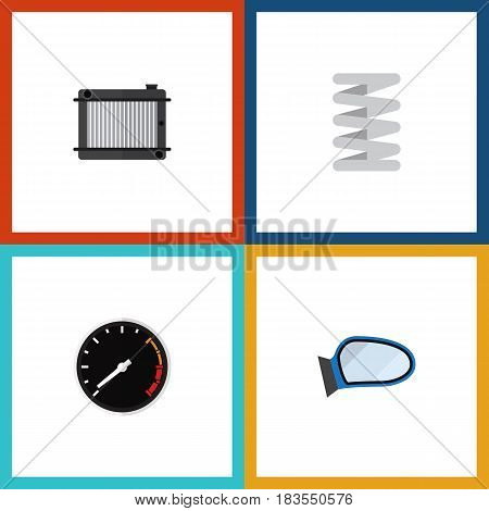 Flat Component Set Of Auto Component, Tachometr, Crankshaft And Other Vector Objects. Also Includes Spring, Speedometer, Mirror Elements.