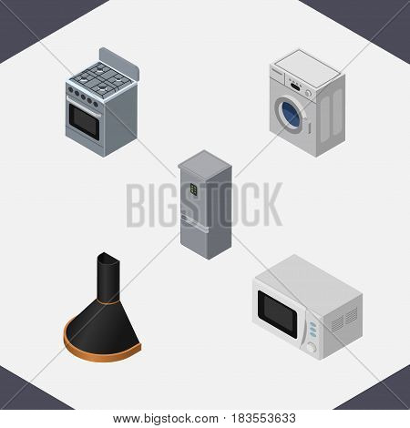Isometric Appliance Set Of Laundry, Air Extractor, Microwave And Other Vector Objects. Also Includes Hood, Microwave, Refrigerator Elements.