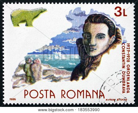 ROMANIA - CIRCA 1986: a stamp printed in Romania shows Constantin Dumbrava Romanian Scientist and Naturalist Exploration of Greenland Polar Research circa 1986