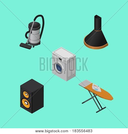 Isometric Technology Set Of Vac, Cloth Iron, Music Box And Other Vector Objects. Also Includes Vac, Hood, Ironing Elements.