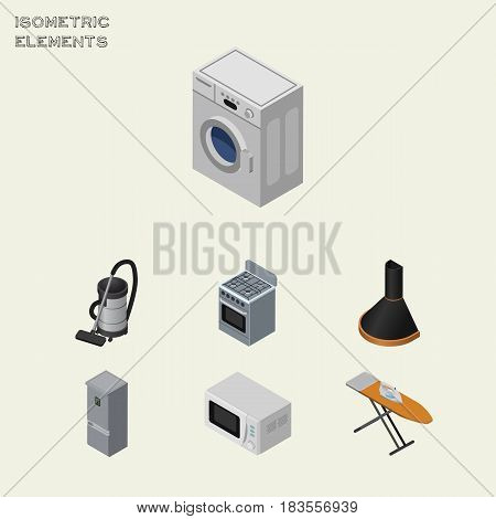 Isometric Electronics Set Of Stove, Air Extractor, Laundry And Other Vector Objects. Also Includes Hood, Washing, Laundry Elements.