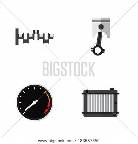 Flat Auto Set Of Steels Shafts, Heater, Tachometr And Other Vector Objects. Also Includes Thermostat, Crankshaft, Piston Elements.