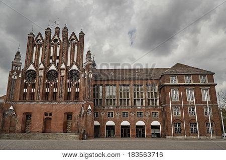 The Gothic facade of the town hall in Frenkurt on the Oder