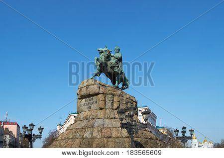 Monument to famous Ukrainian Hetman Bogdan Khmelnitsky on Sofia square in Kiev Ukraine