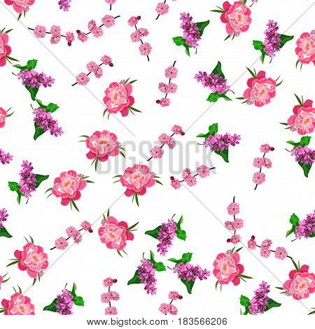 Very high quality original trendy vector seamless pattern with blooming lilac and peony flower. Spring or summer design