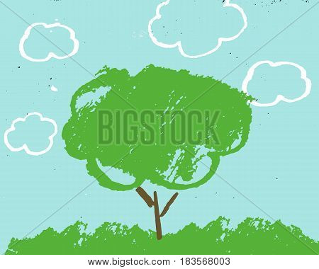 Green landscape with tree and clouds, vector illustration