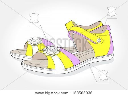 Realistic girl sandals with leather symbol on white background, vector illustration