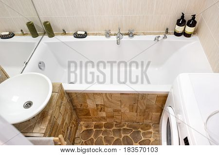 Small modern bathroom interior. Well organized space.