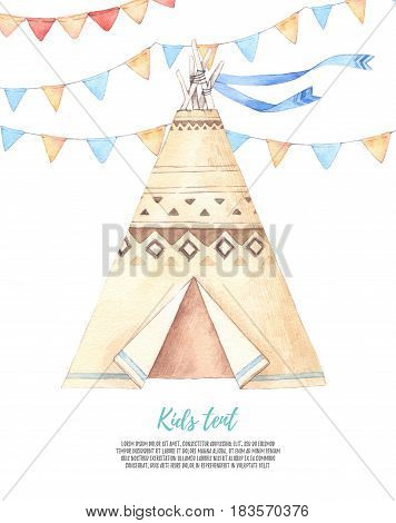 Watercolor Illustration - Kids Tent With Garlands. Baby Shower Party. Perfect For Prints, Postcards,