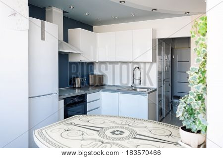 Interior of modern kitchen in a spacious apartment.