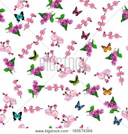 Very high quality original trendy vector seamless pattern with blooming lilac and plum flower. Spring or summer design