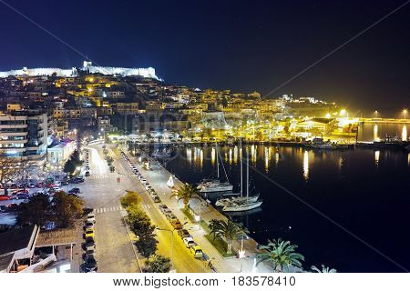 Amazing night Panorama of port and old town of Kavala, East Macedonia and Thrace, Greece