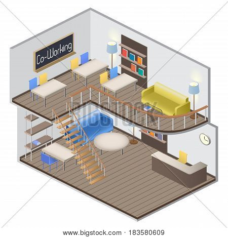 Isometry creative work space. Coworking. Vector Illustration
