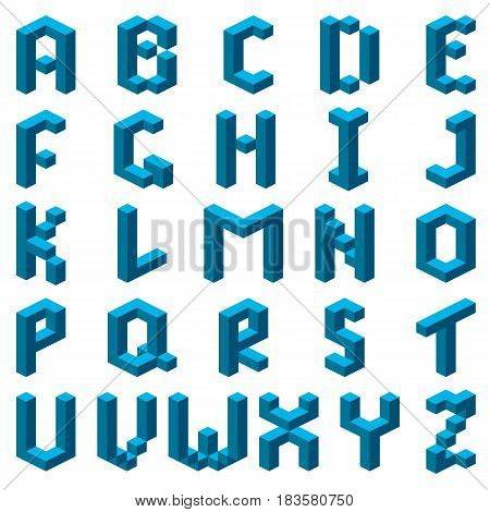 Blue abstract isometric font. Alphabet. Vector illustration