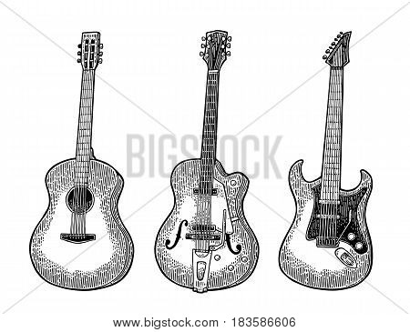 Acoustic and electric guitar. Vintage vector black engraving illustration for poster, web. Isolated on white background.