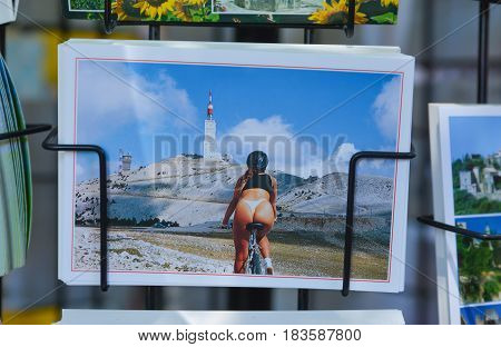 BEDOIN FRANCE - AUGUST 1 2016: Postcards souvenirs Cycling on Mont Ventoux road to summit. Provence France