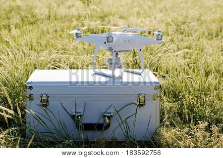 Drone before the flight on a transport metal bag