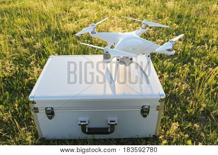 Drone before the flight on a transport metal bag