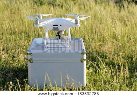 Drone before the flight on metal bag