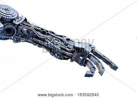Left arm of a robot made from car parts and spares. Isolated on white background