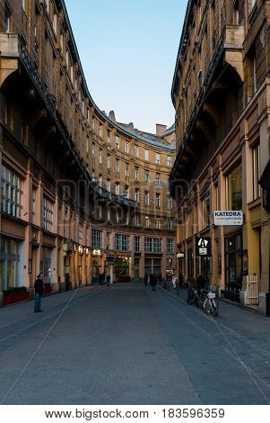 Budapest Hungary - March 13 2017: Old narrow street Anker Koz in historical center of Pest