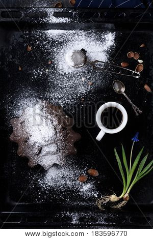 Breakfast Espresso Coffee, Chocolate And Hazelnut Pastry With. Top View, Copy Space.