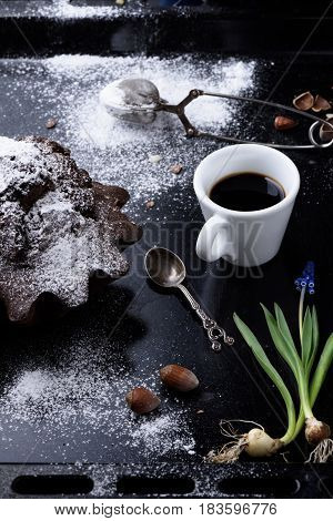 Cup Of Espresso Coffee With Brownie Cake On A Baking Tray.