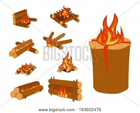 Isolated illustration of campfire logs burning bonfire and firewood stack vector wood explosion glowing nature blazing power. Flammable yellow glowing sparks warm inferno fireplace.
