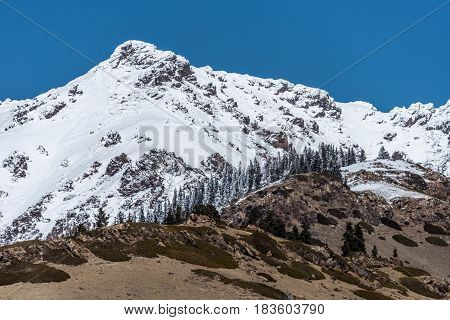 The Snow Mountain Of Tianshan Near The Sailimu Lake In Spring Time Of Xinjiang.