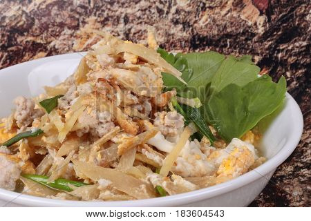 Fried Egg And  Ginger With Minced Pork In Soup.