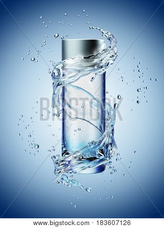 Cream bottle mock up in water splash on blue background. 3D illustration