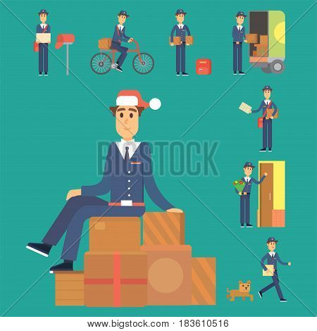 Set of postman delivery man character vector courier occupation carrier cute male package transportation. Mail business shipping deliver cheerful professional people with envelope.