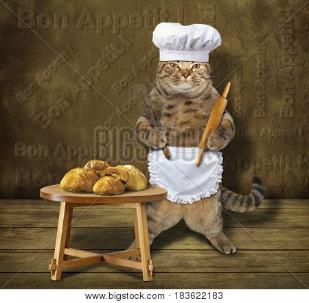The cat cook made buns. These buns are on the table. He wears a chef hat and a white cook apron. He is holding a rolling pin and a egg beater.