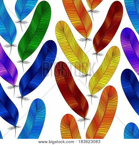 Seamless feather pattern, colorful bird plumelets isolated on a white background.