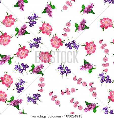 Very high quality original trendy vector seamless pattern with blooming lilac, peony and iris flower. Spring or summer design