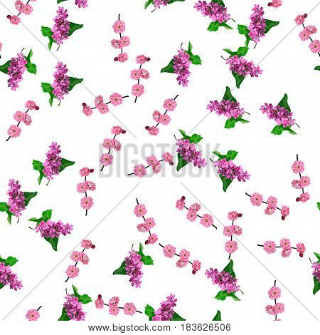 Very high quality original trendy vector seamless pattern with blooming lilac and plum flower. Spring or summer design