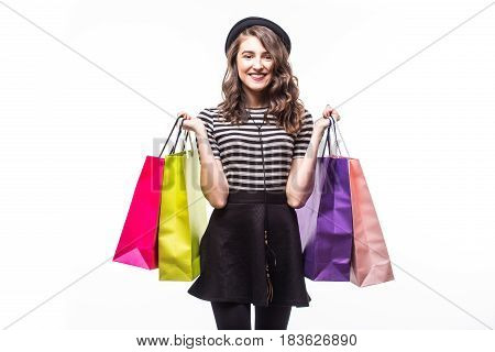 Young Happy Summer Shopping Woman With Shopping Bags Isolated On White Background