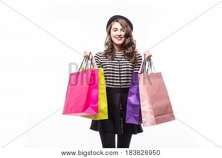 Young Happy Summer Shopping Woman With Shopping Bags Isolated On White Background