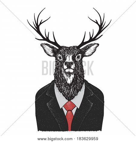 Serious deer like a human.Dressed in jacket with red tie.Vector illustration