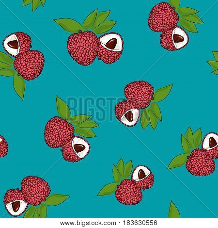 Seamless Pattern of Lichee, Exotic Fruit on Azure Background, Vector Illustration