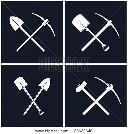White Tools for Excavation and for Percussion Works Isolated on Black Background, Crossed Shovel and Pickaxe, Crossed Pickaxe and Sledgehammer, Mining Industry and Construction, Vector Illustration